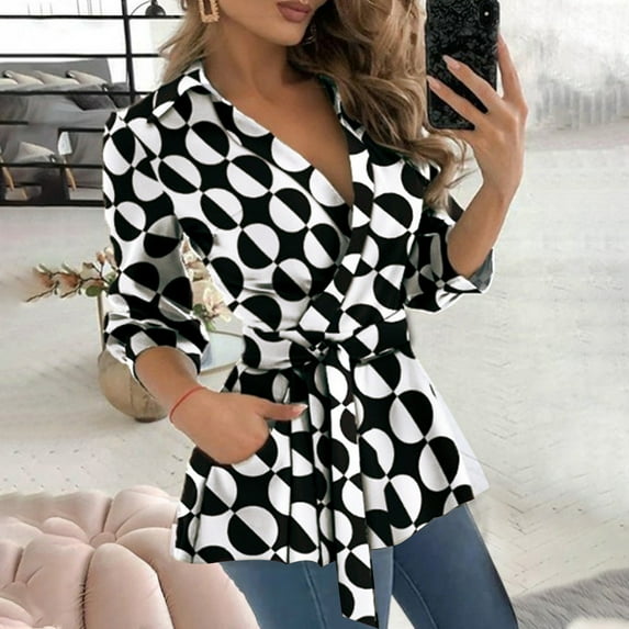 RYDCOT Womens Tops Fall 2023 Women Casual Shirt Long Sleeve Solid Bandage V-Neck Polluer Blouse Tops with Pocket Sale or Clearance
