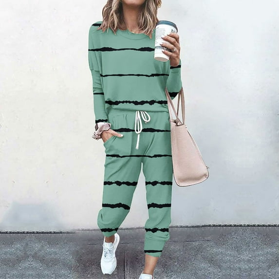 RYDCOT Womens Tracksuit 2 Piece Outfits Casual Long Sleeve Striped Tops and Drawstring Sweatpants Matching Sweatsuits Jogger Sets Lounge Sets on Clearance