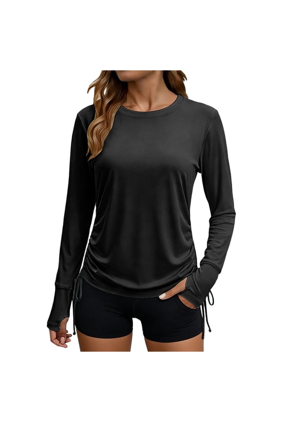 Womens UV Sun Protection Running Hiking Outdoors Performance Side Drawstring Long Sleeve Beach Surfing Crew Neck T-Shirt with Thumb Hole Black