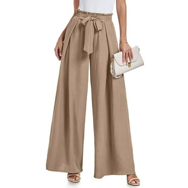RYDCOT Womens Wide Leg Lounge Pants Elastic High Waisted Flowy Palazzo Slacks 2024 Summer Beach Cute Casual Trousers with Belt on Clearance Beige