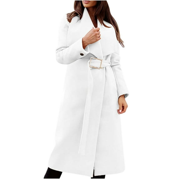 RYDCOT Wool Coats for Women Long Autunm and Winter Women Casual Tops Jacket Long Sleeve Turn-down Collar Waist Bandage Solid Cardigan Buttons Woolen Coat Windbreaker Clearance White