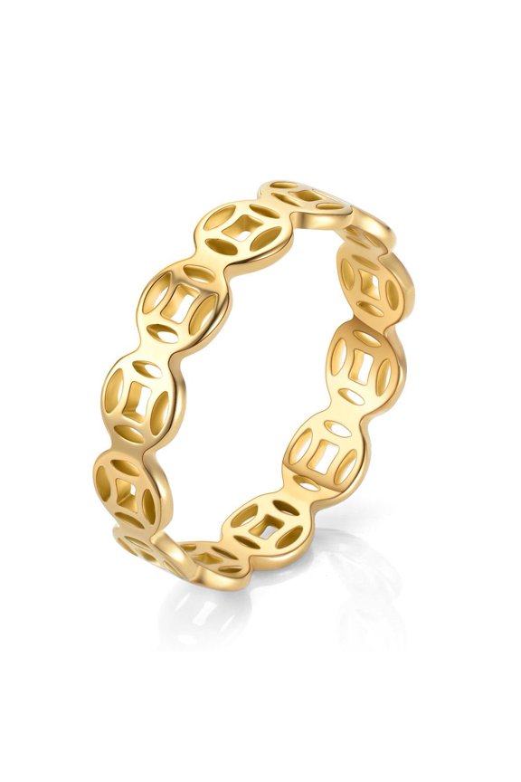 RYGRZJ Gold Copper Coin Ring No. 10 Stainless Steel Gold Copper Coin Ring Titanium Steel Female Plain Ring Does Not Fade Couple Fortune Transfer Ring