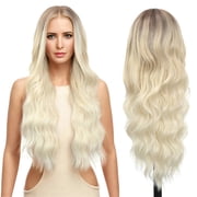 RYHAIR 30 inches Long Wavy HD Lace Front Wig with Ombre Platinum Blonde Synthetic Hair for Women Daily Cosplay