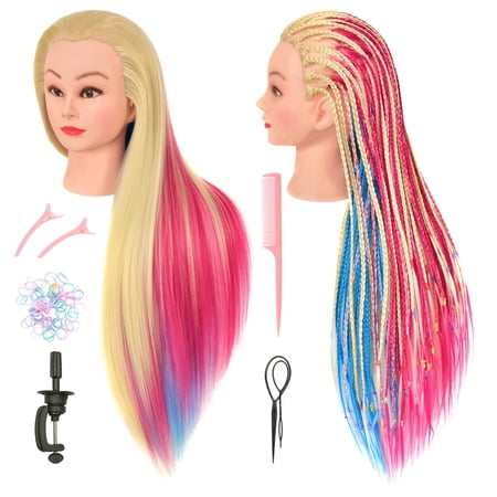 RYHAIR 35 inches Multicolor Long Synthetic Hair Mannequin Head for Practice Braiding Styling Updos Cosmetology Barber Training Display with Stand