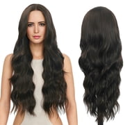 RYHAIR 30 inches Long Wavy Front HD Lace Wig with Dark Brown Synthetic Hair for Women Daily Cosplay