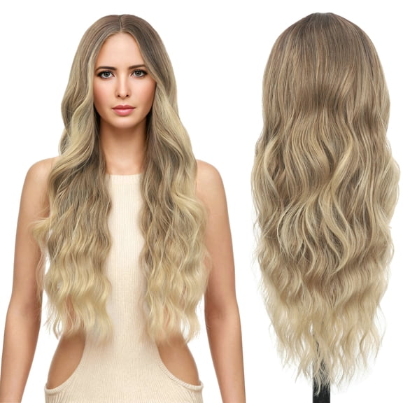 RYHAIR 30 inches Long Wavy HD Lace Front Wig with Ombre Blonde Synthetic Hair for Women Daily Cosplay