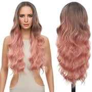 RYHAIR 30 inches Long Wavy HD Lace Front Wig with Ombre Pink Synthetic Hair for Women Daily Cosplay
