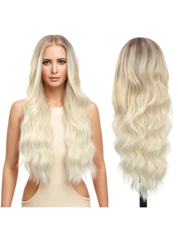 30 inches Long Wavy HD Lace Front Wig with Ombre Platinum Blonde Synthetic Hair for Women Daily Cosplay