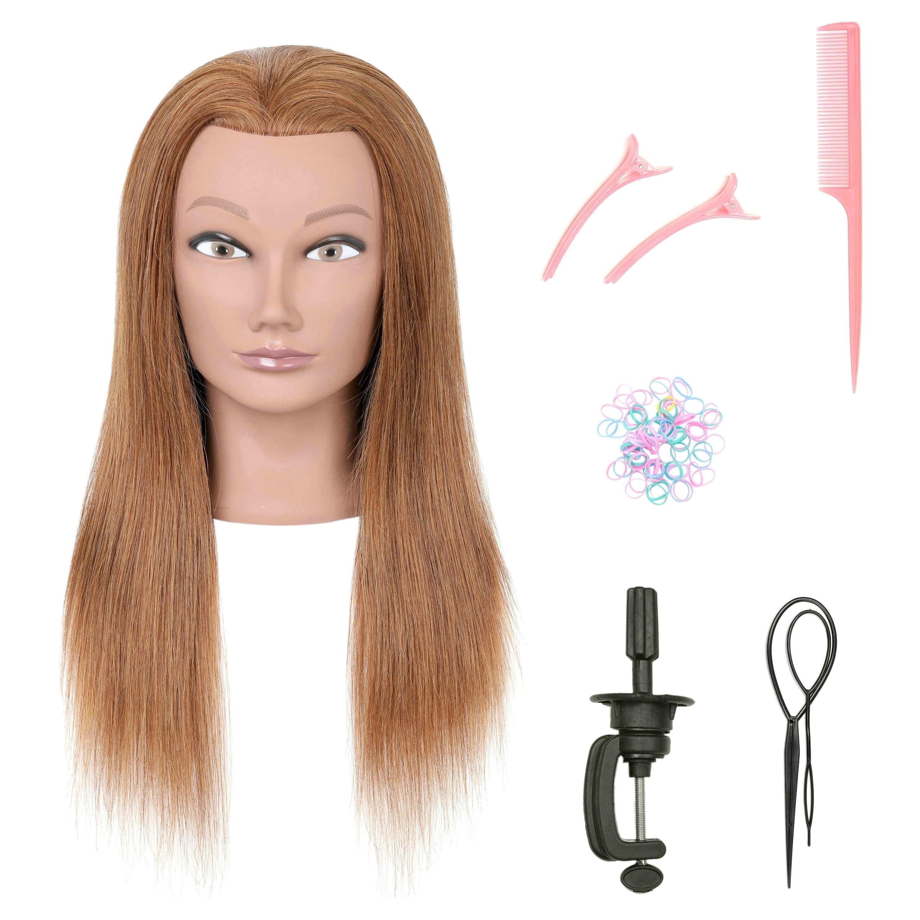 RYHAIR 22 inches Tan 100% Human Hair Mannequin Head for Practice Bleaching Dyeing Styling Cosmetology Barber Training with Stand