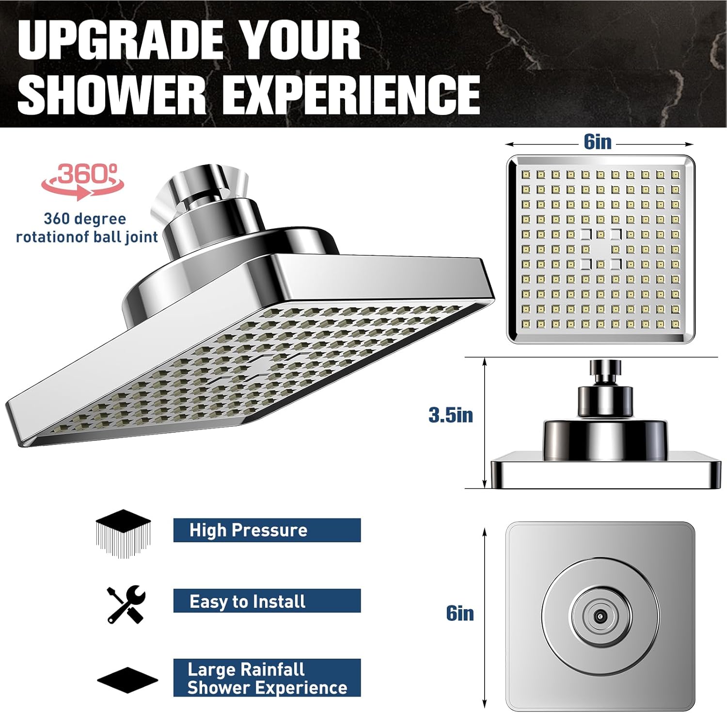 Shower Rota RYJUYJ-2025 Pressure Filtered Shower Head Square - 360° Rotatable High ...