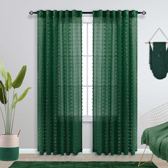 RYJUYJ-Hunter Green Sheer Curtains 84 Inch Length for Living Room 2 Panels,Back Tab Rod Pocket Pom Pom Textured Curtains for Bedroom 84 Inches Long,Dark Emerald Forest Green