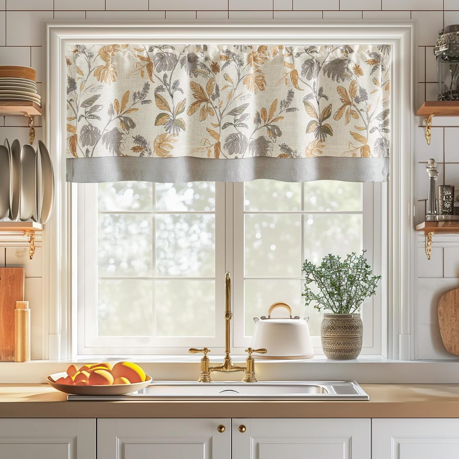 RYJUYJ-Linen Valance Double Layer Kitchen Window Curtain Yellow Leaf on