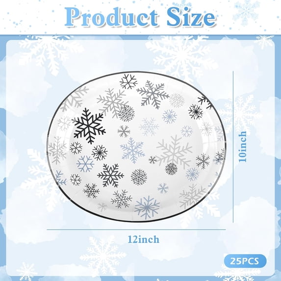 RYJUYJ-Snowflake Oval Paper Plates Christmas Disposable Party Plates Winter Gray Snowflakes 10" X 12" Dinner Serving Dish Platters for Xmas New Year Holiday Wonderland Party Supplies (25, Grey Snowfl