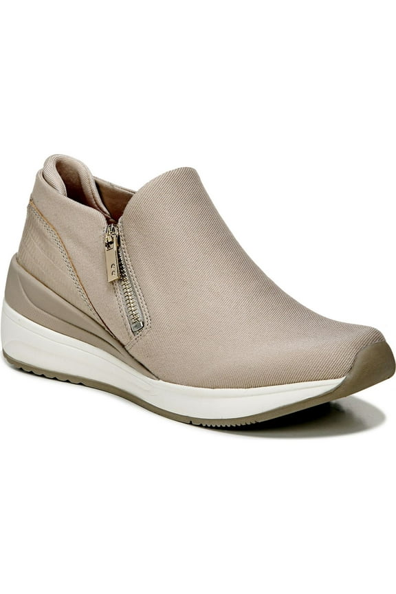 Womens Beige Mixed Media Goring 1/2" Platform Water Repellent Cushioned Removable Insole Guinevere Round Toe Wedge Zip-Up Sneakers Shoes 6 W