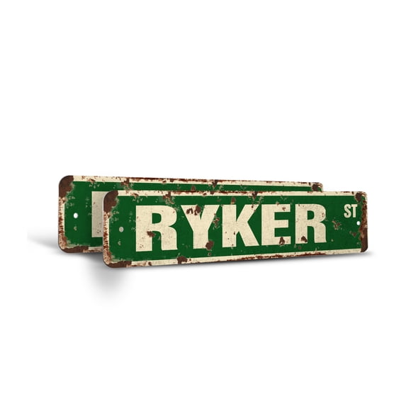 RYKER Vintage Style Rustic Street Sign – (2 Pack) Childrens Name Room Sign Retro Decorative Wall Sign for Home, Bar, Garage, or Outdoor Use | 6" X 24" Aluminum Metal Road Sign