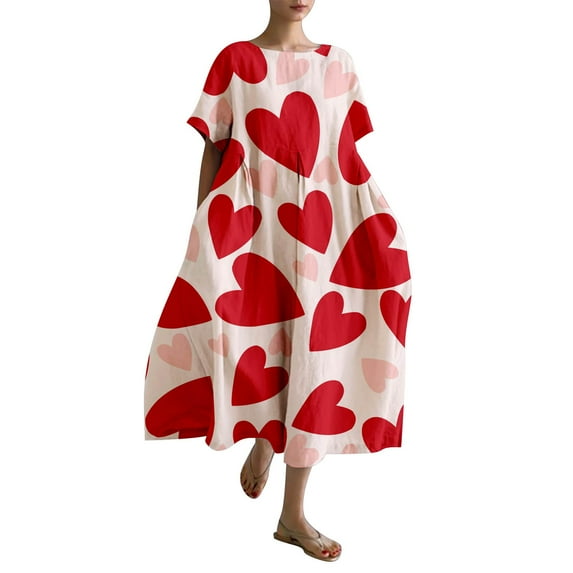 RYKJLWY Boho Dresses for Women 2024 Women's Retro Botanical Floral Design Printed Casual Loose Dress With Pocket Summer Beach Dresses Women White Dresses Sun Dresses(Red,XL)