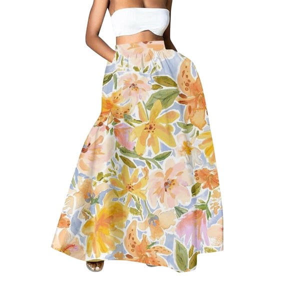 RYKJLWY Boho Skirt Women Floral Print Skirt High Waist Party Beach Pocket Long Maxi Skirt Floral Skirt Boho Skirt (Yellow,S)