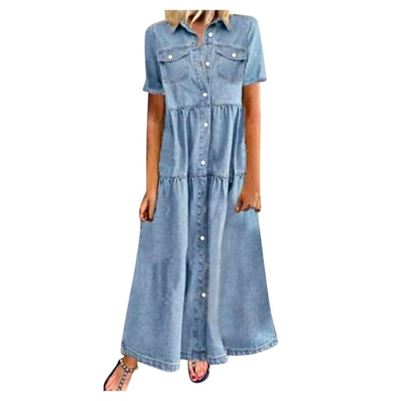 RYKJLWY Casual Dresses for Women 2024 Women's Fashion Casual Multi-Button Denim Skirt Multi-Pocket Denim Skirt Casual Dress Beach Dresses for Women 2024 Vacation Women Summer Dresses(Blue,M)