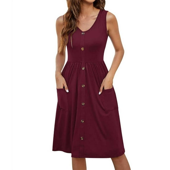RYKJLWY Casual Dresses for Women Women Summer Dresses Sleeveless Casual Loose Swing Button Down Midi Dress With Pockets Women Dresses (Red,L)