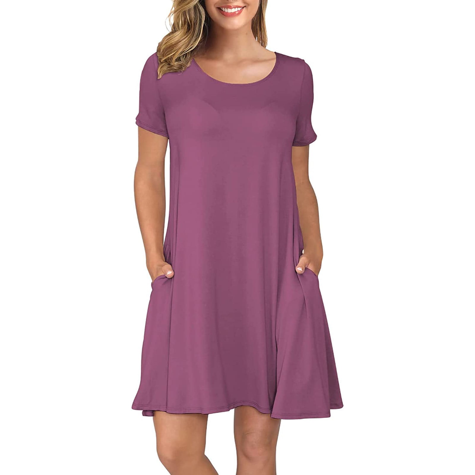 Women's Solid Color Crew Neck Short Sleeve Simple Casual Dress, Daily Wear Sundress