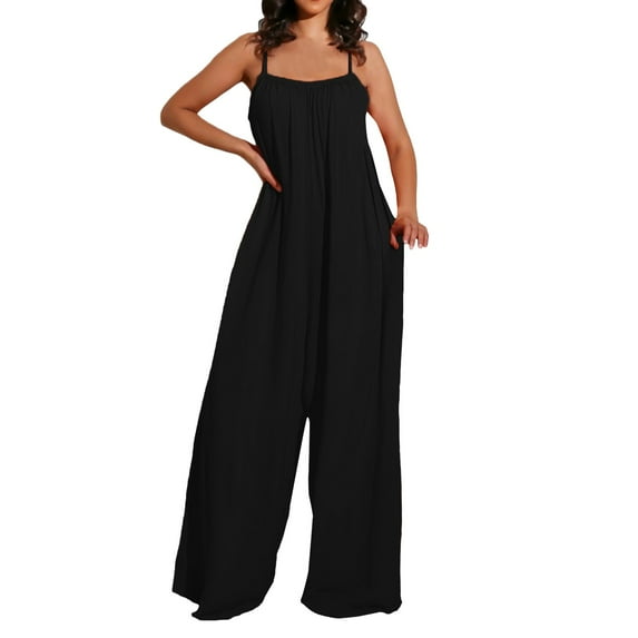 RYKJLWY Casual Jumpsuits for Women Women Summer Sexy Backless Suspender Jumpsuit Wide Leg Pants Casual Loose Elegant Jumpsuit Women Jumpsuit(Black,XL)