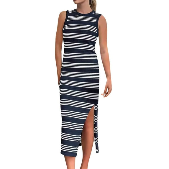 RYKJLWY Casual Summer Dresses for Women Womens Bodycon Summer Casual Midi Sundress Sleeveless Cute Hollow Out Knit Side Slit Striped Long Tank Dress Beach Dress (Dark Blue,M)