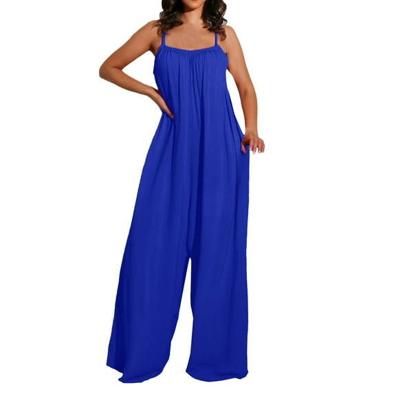 RYKJLWY Cute Summer Outfits for Women Women Summer Sexy Backless Suspender Jumpsuit Wide Leg Pants Casual Loose Elegant Jumpsuit Petite Jumpsuits for Women(Blue,S)
