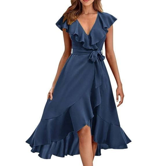 RYKJLWY Dresses for Teens Women's V Neck Short Sleeve Ruffled Long Lace Up Dress Spring Casual Dress Women Beach Bohe Sundresses Women Beach Sun Dress(BU3,XXL)