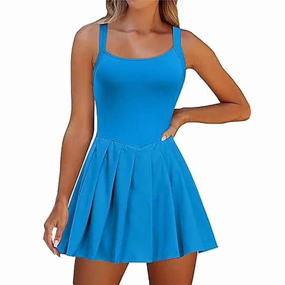 RYKJLWY Dresses for Women 2024 Casual Spring Workout Athletic Romper Tennis Dress Sleeveless Sportswear In Summer Dress Fitness Suit Built In Shorts Summer Dresses for Women 2024 (Light Blue,XL)