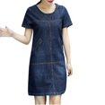 thumbnail image 1 of RYKJLWY Dresses for Women 2024 Fashion Women Summer Denim Loose O-Neck Short Sleeve Knee Length Dress Summer Dress Spring Dresses Summer Dresses for Women (Blue,XXL), 1 of 9