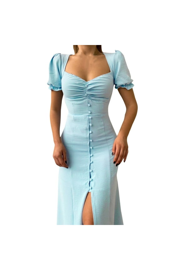 Dresses for Women 2024 Women's Summer Fashion Causal Dress Puff Sleeve Square Neck Dress Sexy High Split Slim Elegant Single Breasted Mid Length Dress Milkmaid Dress (Blue,S)