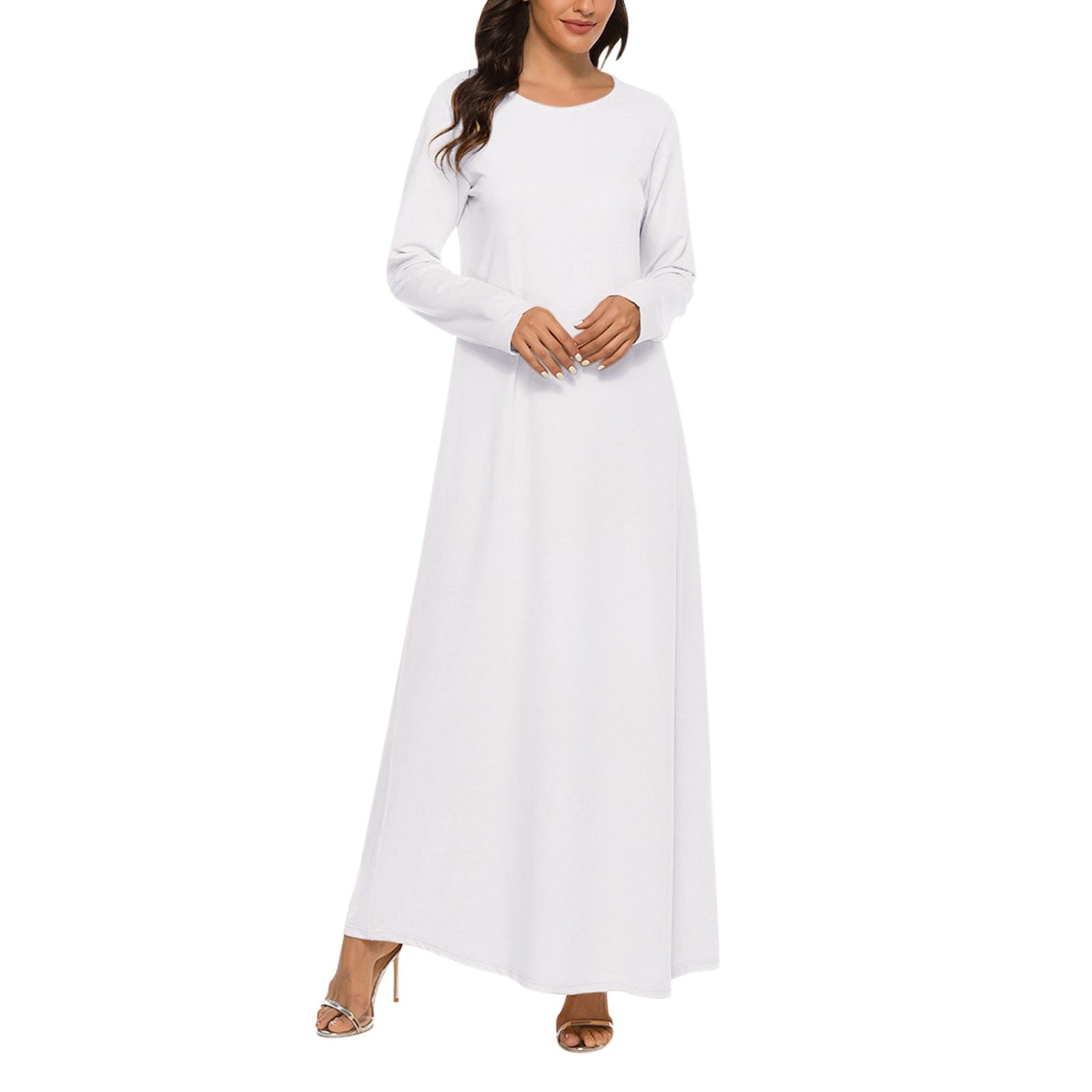 RYKJLWY Dresses for Women Womens Casual Solid Muslim Dress Abaya Islamic  Long Sleeve Dress Under Dress Sun Dresses Summer Dresses for Women Casual  Dresses for Women(White,S)