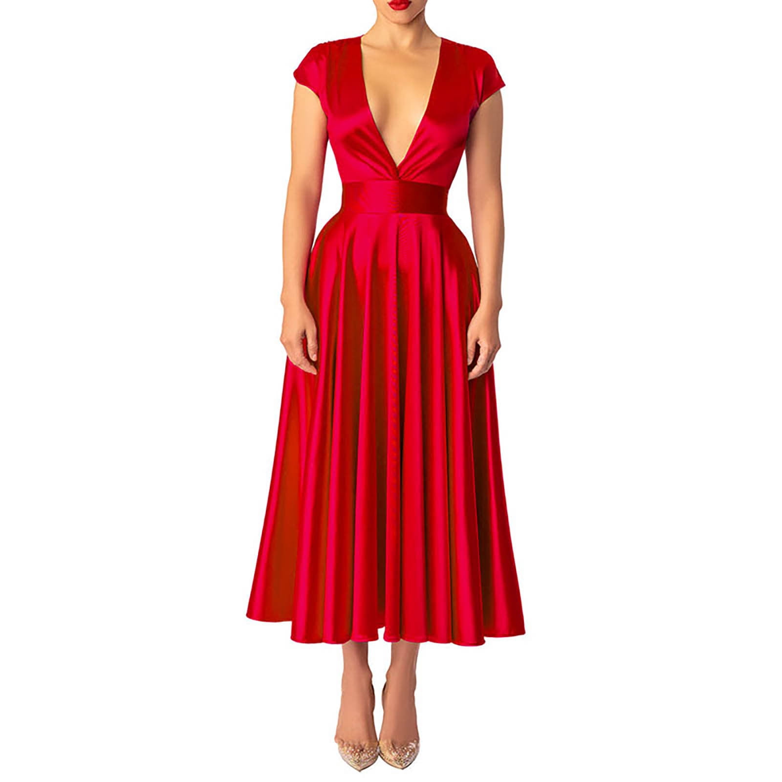 milk maid dress red Rykjlwy Dresses for Women 2024 2023 European And American Elegant V Neck Wrapped Sleeves Swing Dress Milkmaid Dress (Red,S), Women's, Size: Small
