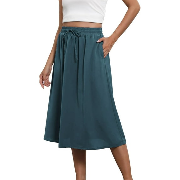 RYKJLWY Floral Skirt Boho Skirts for Women Trendy Summer Flowy Floral Midi Skirts With Pockets Lightweight Drawstring High Waisted Skirts Floral Skirts for Women Floral Skirt (Army Green,S)