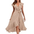 thumbnail image 1 of RYKJLWY Flowy Dresses for Women Women's V Neck Short Sleeve Ruffled Long Lace Up Dress Cocktail Dress Spring Dress Vestidos Elegantes De Mujer Para Fiesta(Khaki,S), 1 of 5