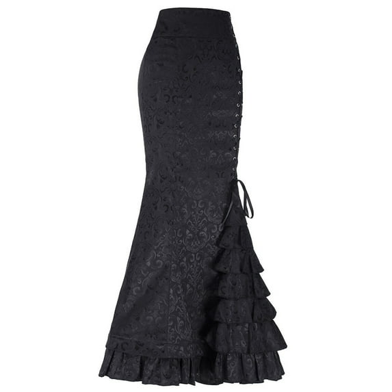 RYKJLWY Golf Skirts Women Punk Style Retro Mermaid Skirt Vintage Long Bodycon Ruffle Fishtail Skirt (Black,L)