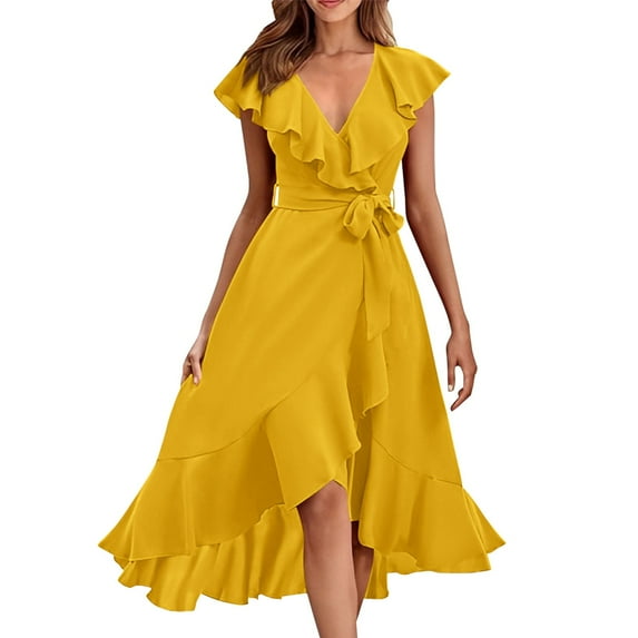 RYKJLWY Graduation Dress White Women's V Neck Short Sleeve Ruffled Long Lace Up Dress Beach Dresses for Women 2024 Vacation White Graduation Dresses for College Dress for Wedding Guest(Yellow,XXL)