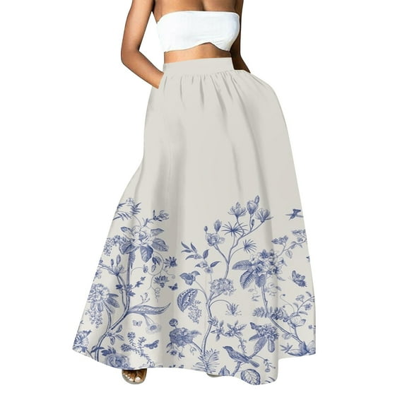 RYKJLWY Linen Skirt Women Floral Print Skirt High Waist Party Beach Pocket Long Maxi Skirt Boho Skirts Linen Skirt (White,M)