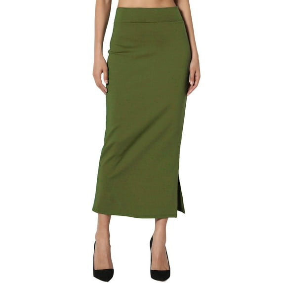 RYKJLWY Long Flowy Skirts for Women Women's S~3X Side Slit Ponte Knit High Waist Mid Calf Long Pencil Skirt Faldas Largas De Mujer Para Iglesia (Army Green,M)