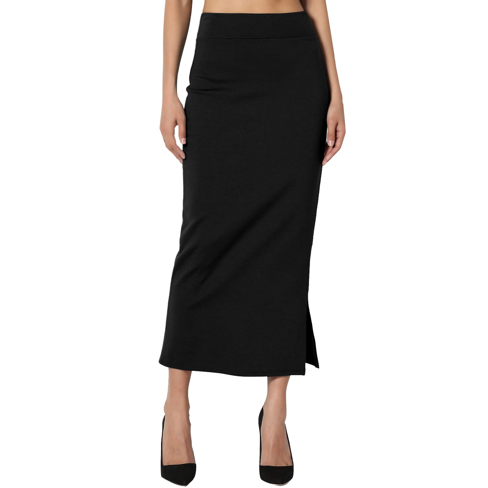 RYKJLWY Long Flowy Skirts for Women Women's S~3X Side Slit Ponte Knit High Waist Mid Calf Long Pencil Skirt Faldas Largas De Mujer Para Iglesia (Black,Xxl)