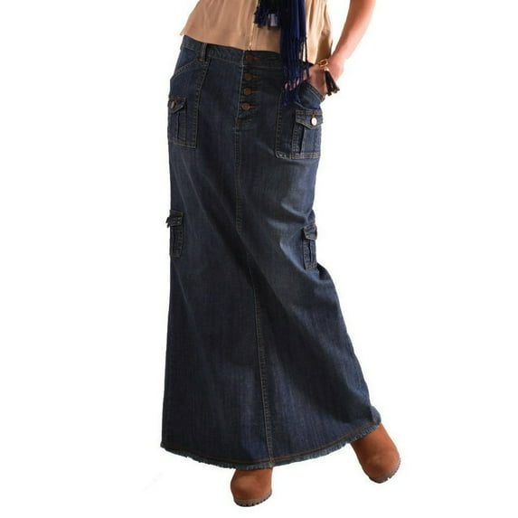 RYKJLWY Long Flowy Skirts for Women Womens Fashion Long Mid Waist Button Pocket Front Straight Denim Maxi Skirts Plus Size Maxi Skirt (Dark Blue,Xxl)