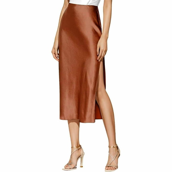 RYKJLWY Long Skirts for Women Summer Womens Satin Silk High Waist Slit Midi Skirt Elastic Waistband Midi Skirts Elegant And Handsome Half Skirt for Women Faldas Largas De Mujer Para Iglesia (Gold,L)