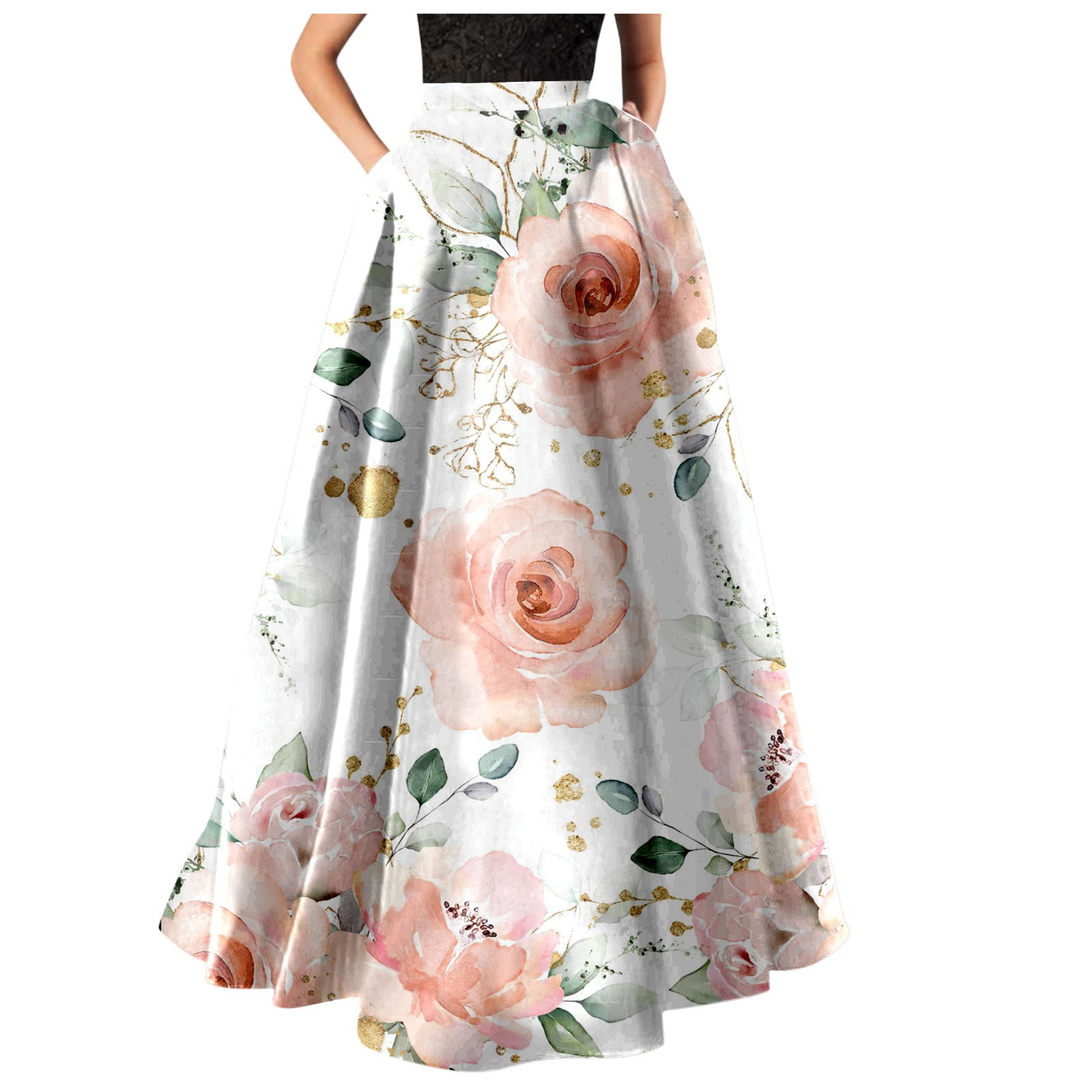 Maxi Skirt Floral Print Skirt High Waist Party Beach Pocket Long Maxi Skirt Faldas Largas De Mujer Para Iglesia (Pink,S)