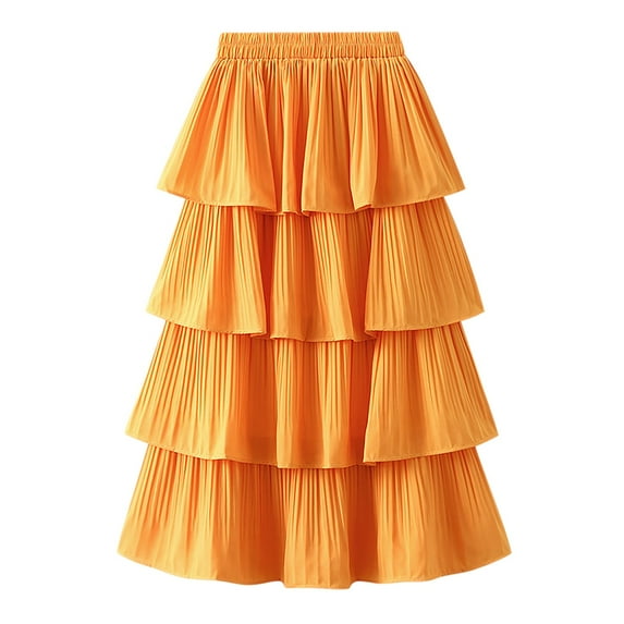 RYKJLWY Maxi Skirt New Women Tiered Pleated High Waist Cake Skirt Lady Casual Skirt Female Solid Skirt Boho Skirts for Women (Orange,One Size)