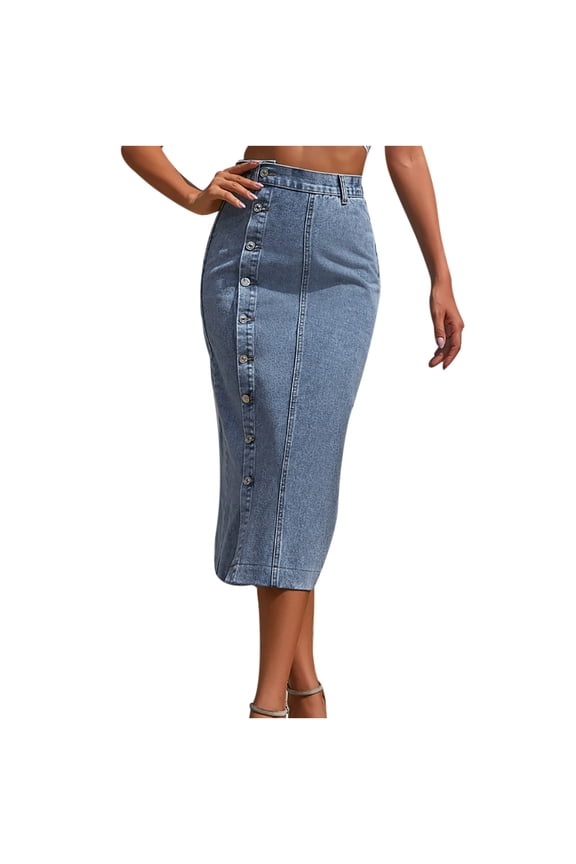 Maxi Skirts for Women Women's Retro Button Irregular Split Denim High Waist Denim Long Skirt Bohemian Clothes for Women (Blue,Xs)