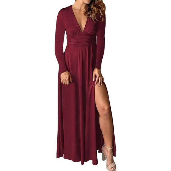 RYKJLWY Pink Dresses Women's Deep V Neck Short Sleeve Long Dresses Pleated High Waist Slit Club Party Evening Maxi Dress (Red,M)