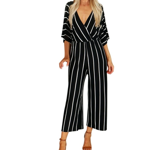 RYKJLWY Plus Size Jumpsuit Fashion Women V-Neck Three Quarter Sleeve Striped Loose Jumpsuit Playsuit Women Romper(Black,S)