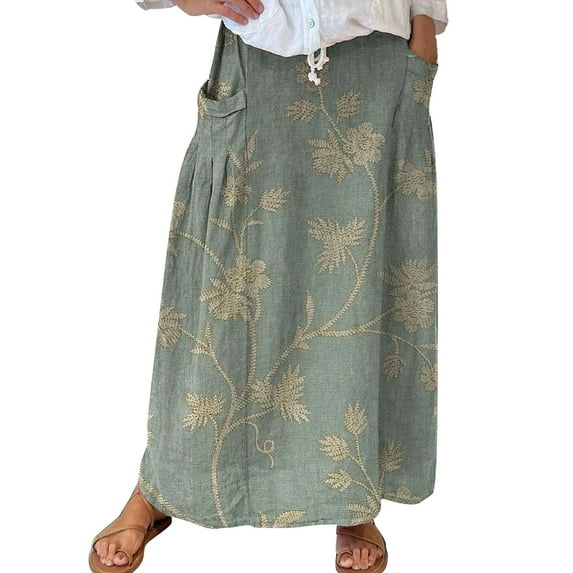 RYKJLWY Plus Size Skirt Retro Floral Art Linen Elastic Waistband Pocket Skirt White Linen Skirt Black Maxi Skirt (Green,M)