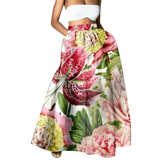 RYKJLWY Plus Size White Skirt Floral Print Skirt High Waist Party Beach Pocket Long Maxi Skirt White Maxi Skirts for Women Women's Maxi Skirts (Pink,XXL)