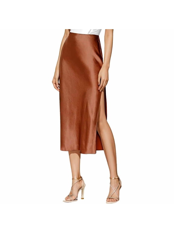 Skirts for Women Trendy Summer Womens Satin Silk High Waist Slit Midi Skirt Elastic Waistband Midi Skirts Elegant And Handsome Half Skirt for Women Bohemian Clothes for Women (Gold,M)